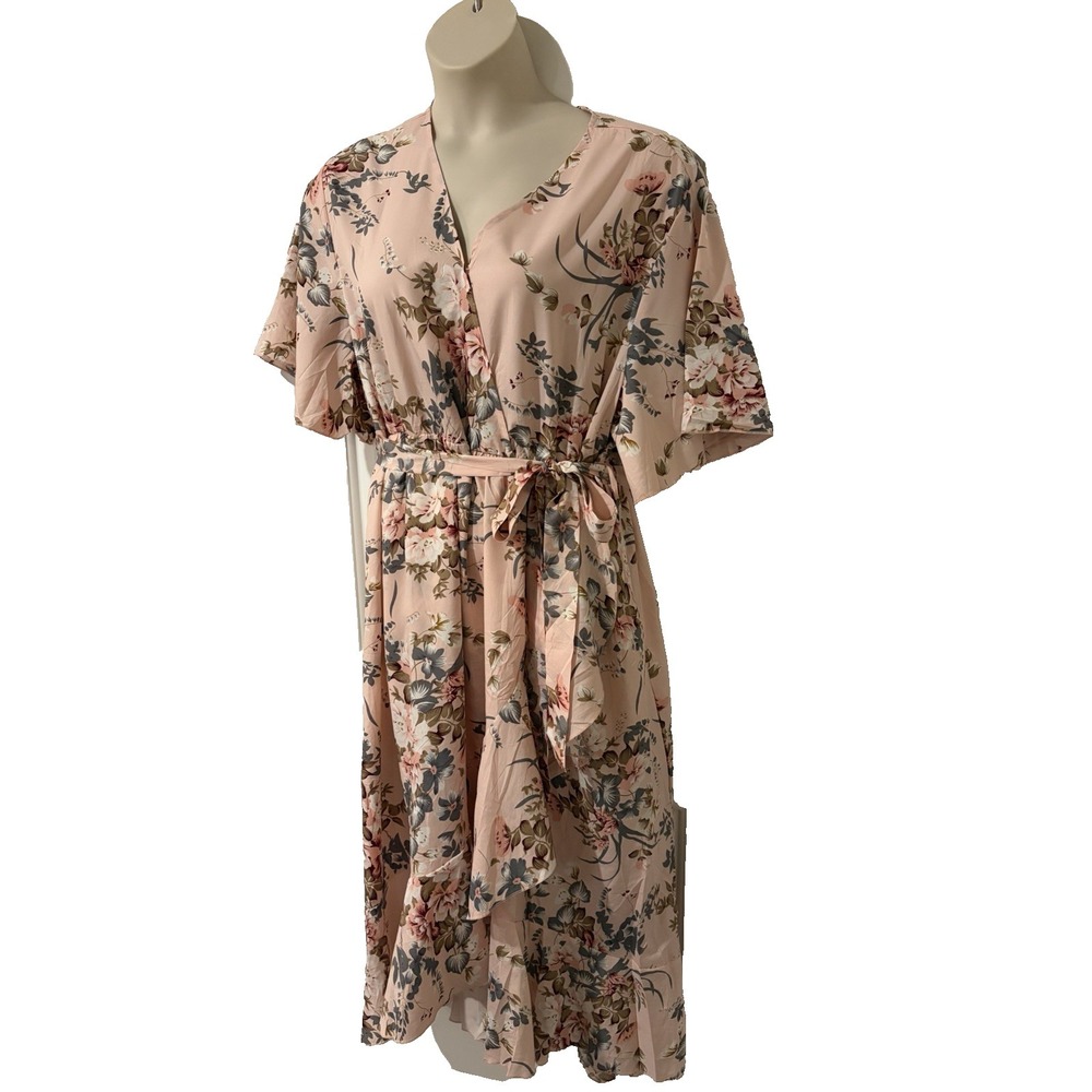 NWT Keluummi Maxi Dress~Plus 24~ Pink Floral Flutter Slvs Tie Waist Fit & Flare